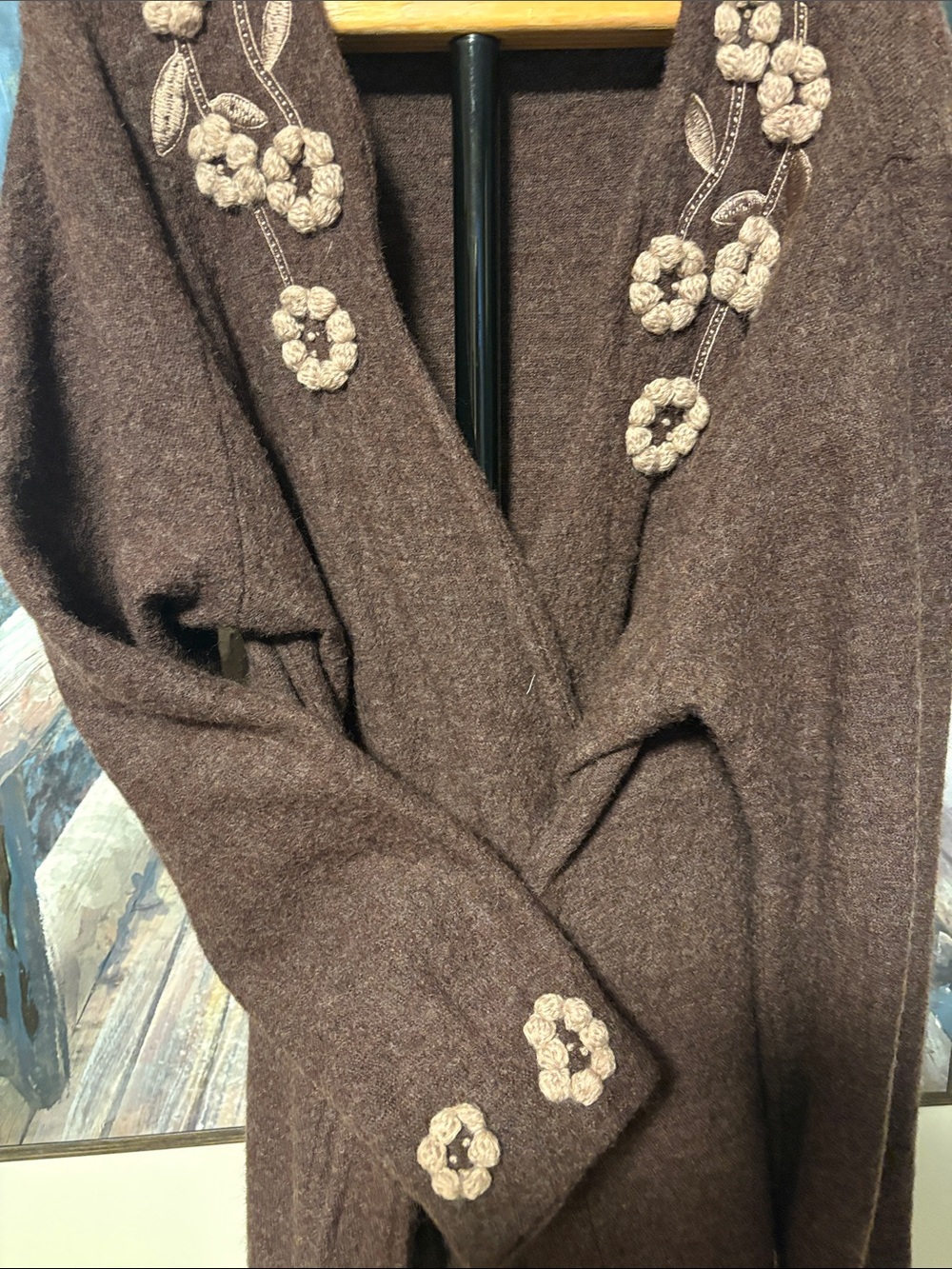Cynthia Rowley Brown Wrap Cardigan with Cream Floral Appliqué - Picture 2 of 4